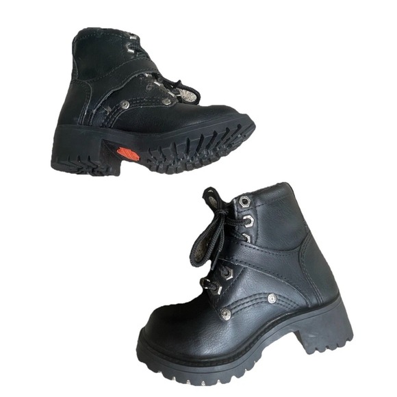 Harley-Davidson Youth 10 Leather Motorcycle Boots Lace-Up Buckle Black - Picture 3 of 9